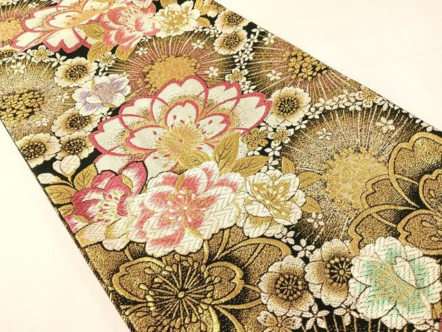平和屋着物●六通柄袋帯　唐織　舞桜　黒地　金糸　正絹　逸品　CABI4025vp