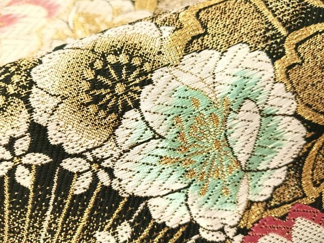平和屋着物●六通柄袋帯　唐織　舞桜　黒地　金糸　正絹　逸品　CABI4025vp