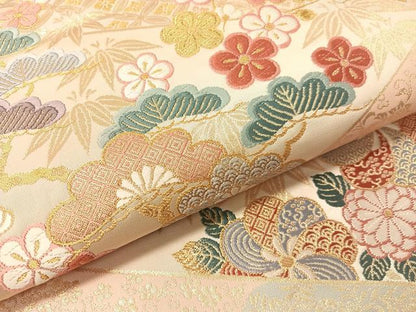 平和屋着物●六通柄袋帯　唐織　松皮菱松竹梅花文　金糸　正絹　逸品　CABI4027vp