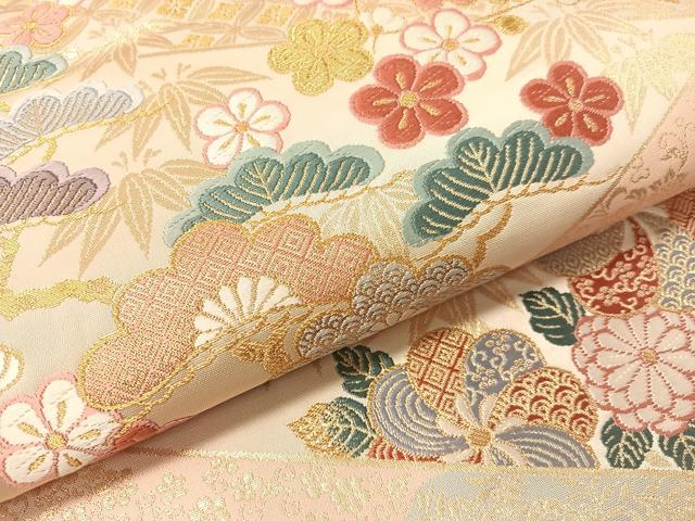 平和屋着物●六通柄袋帯　唐織　松皮菱松竹梅花文　金糸　正絹　逸品　CABI4027vp