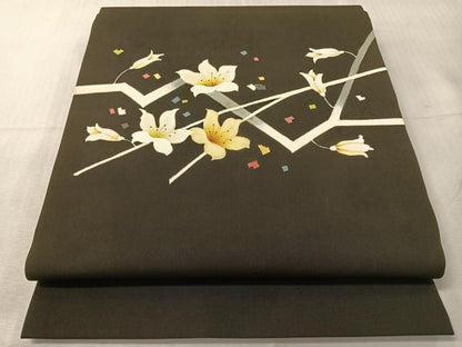 平和屋着物●塩瀬　九寸開き名古屋帯　手描き　枝花文　黒地　正絹　逸品　CABI4030vp