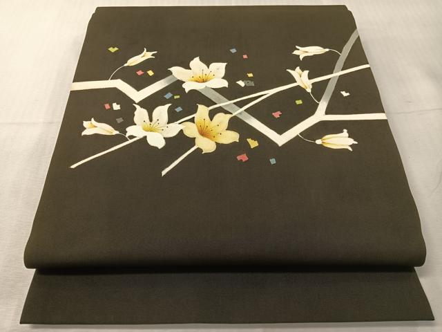 平和屋着物●塩瀬　九寸開き名古屋帯　手描き　枝花文　黒地　正絹　逸品　CABI4030vp