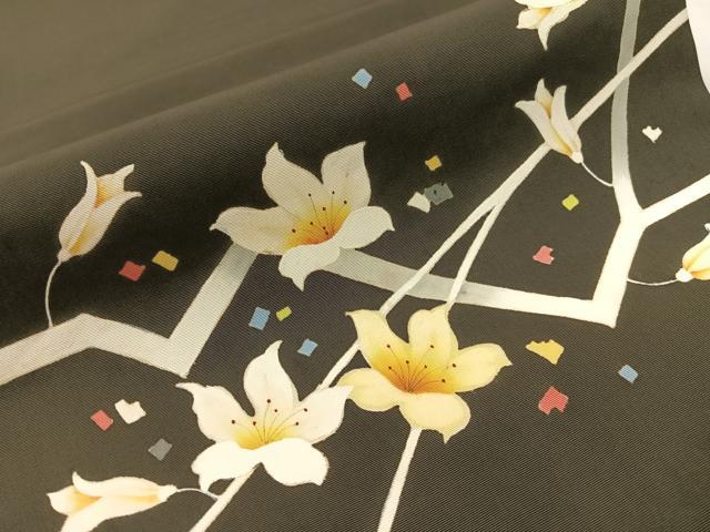 平和屋着物●塩瀬　九寸開き名古屋帯　手描き　枝花文　黒地　正絹　逸品　CABI4030vp