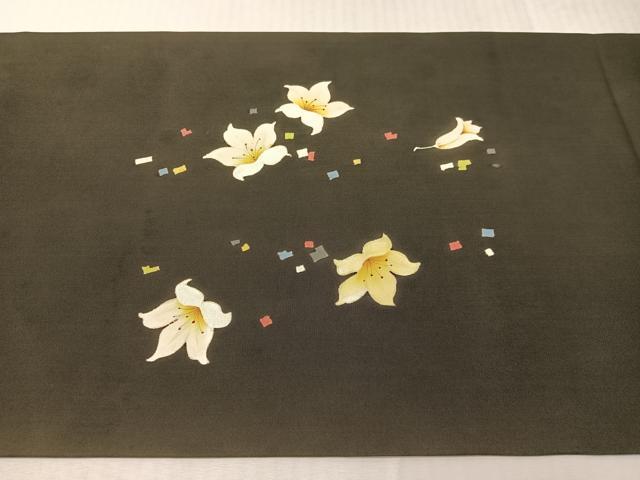平和屋着物●塩瀬　九寸開き名古屋帯　手描き　枝花文　黒地　正絹　逸品　CABI4030vp