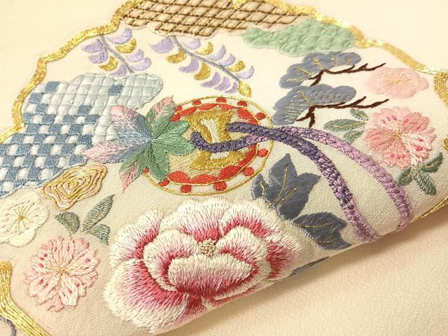 平和屋着物●総刺繍　つけ帯　駒刺繍　鏡裏花文　金糸　正絹　逸品　CABI4035vp