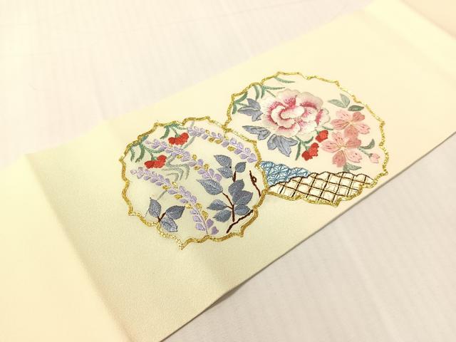 平和屋着物●総刺繍　つけ帯　駒刺繍　鏡裏花文　金糸　正絹　逸品　CABI4035vp