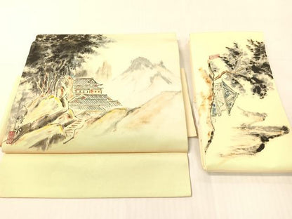 平和屋着物●塩瀬　つけ帯　作家物　手描き　風景文　正絹　逸品　CABI4037vp