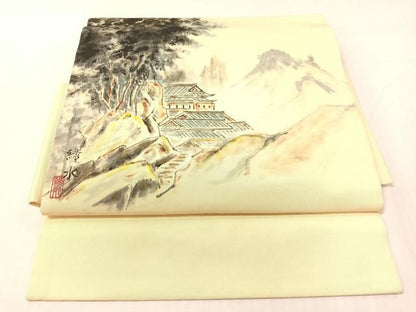 平和屋着物●塩瀬　つけ帯　作家物　手描き　風景文　正絹　逸品　CABI4037vp