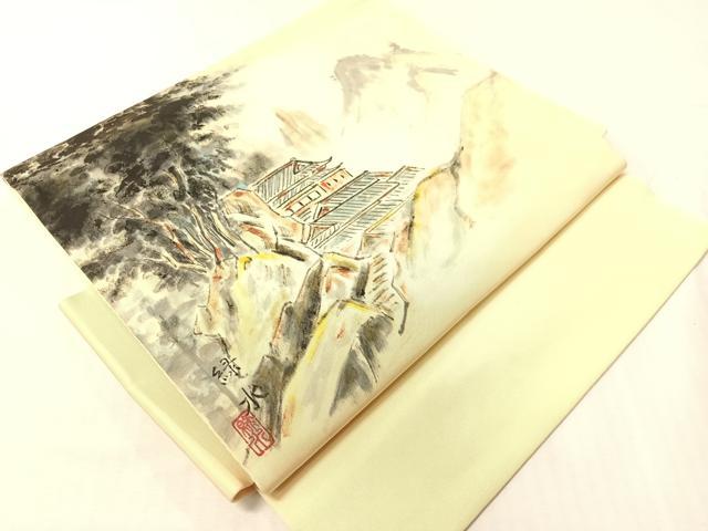 平和屋着物●塩瀬　つけ帯　作家物　手描き　風景文　正絹　逸品　CABI4037vp