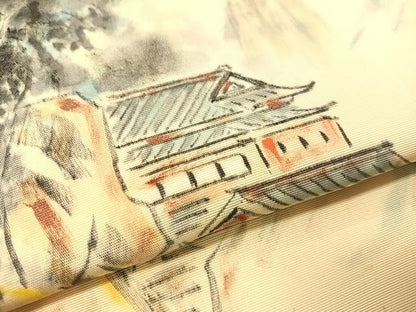 平和屋着物●塩瀬　つけ帯　作家物　手描き　風景文　正絹　逸品　CABI4037vp