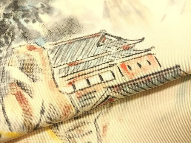 平和屋着物●塩瀬　つけ帯　作家物　手描き　風景文　正絹　逸品　CABI4037vp