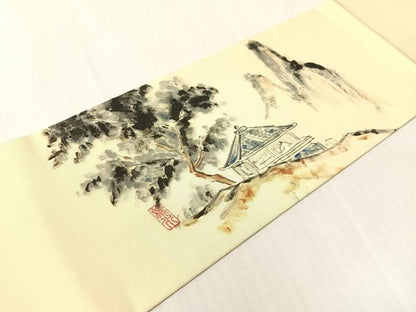 平和屋着物●塩瀬　つけ帯　作家物　手描き　風景文　正絹　逸品　CABI4037vp