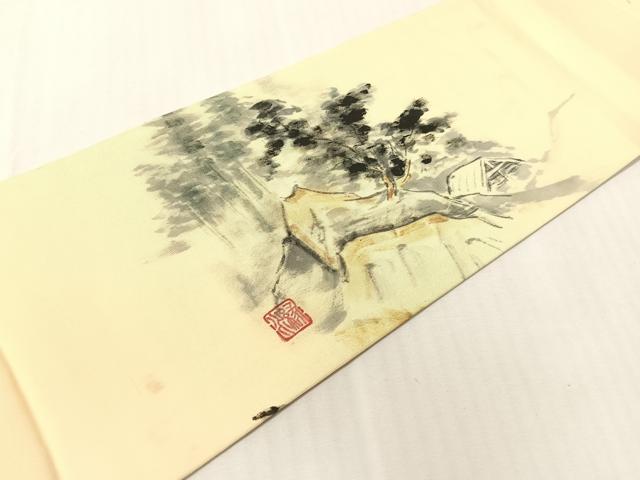 平和屋着物●塩瀬　つけ帯　作家物　手描き　風景文　正絹　逸品　CABI4037vp