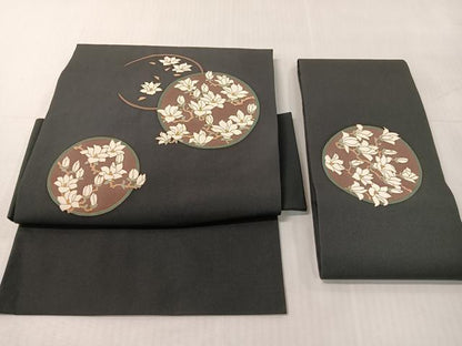 平和屋着物●塩瀬　つけ帯　枝花丸文　黒地　金彩　正絹　逸品　CABI4038vp