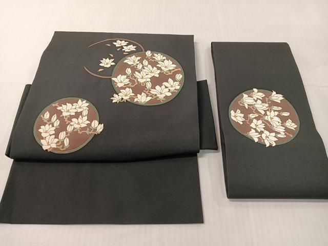 平和屋着物●塩瀬　つけ帯　枝花丸文　黒地　金彩　正絹　逸品　CABI4038vp