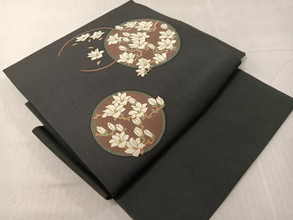 平和屋着物●塩瀬　つけ帯　枝花丸文　黒地　金彩　正絹　逸品　CABI4038vp