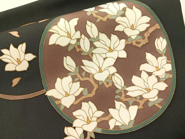 平和屋着物●塩瀬　つけ帯　枝花丸文　黒地　金彩　正絹　逸品　CABI4038vp