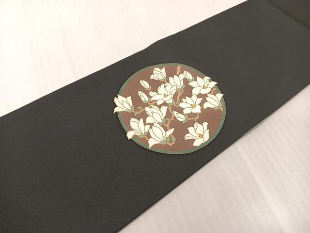 平和屋着物●塩瀬　つけ帯　枝花丸文　黒地　金彩　正絹　逸品　CABI4038vp