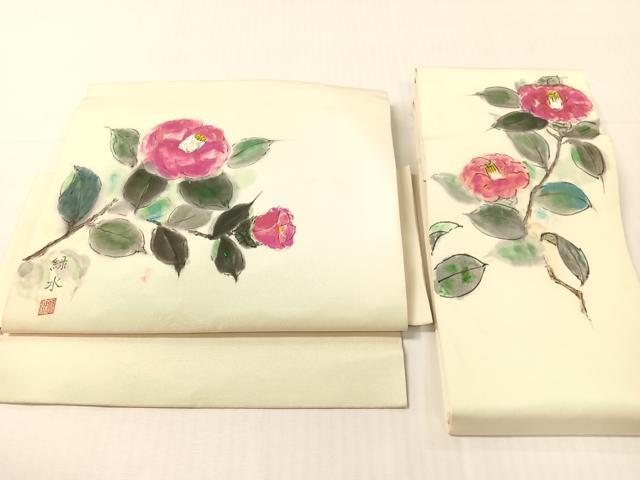 平和屋着物●塩瀬　つけ帯　作家物　手描き　枝椿　正絹　逸品　CABI4039vp