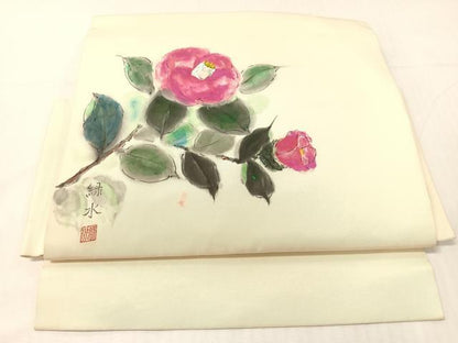平和屋着物●塩瀬　つけ帯　作家物　手描き　枝椿　正絹　逸品　CABI4039vp