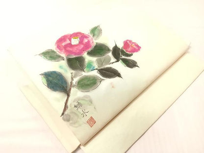 平和屋着物●塩瀬　つけ帯　作家物　手描き　枝椿　正絹　逸品　CABI4039vp