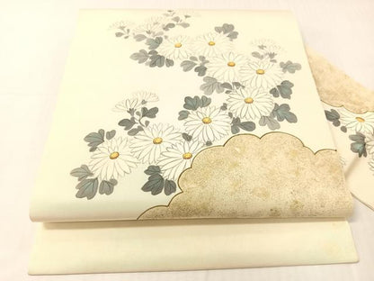 平和屋着物●塩瀬　九寸名古屋帯　手描き　雲取り菊文　金彩　正絹　逸品　CABI4042vp