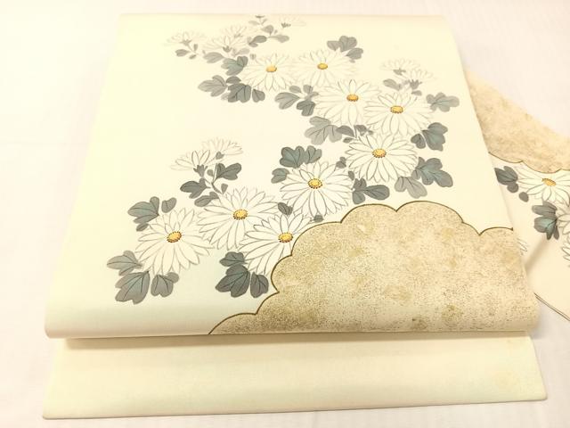 平和屋着物●塩瀬　九寸名古屋帯　手描き　雲取り菊文　金彩　正絹　逸品　CABI4042vp