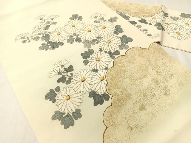 平和屋着物●塩瀬　九寸名古屋帯　手描き　雲取り菊文　金彩　正絹　逸品　CABI4042vp