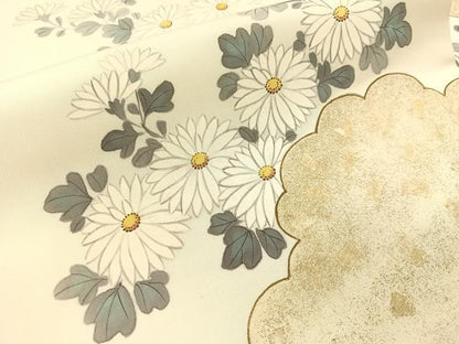 平和屋着物●塩瀬　九寸名古屋帯　手描き　雲取り菊文　金彩　正絹　逸品　CABI4042vp