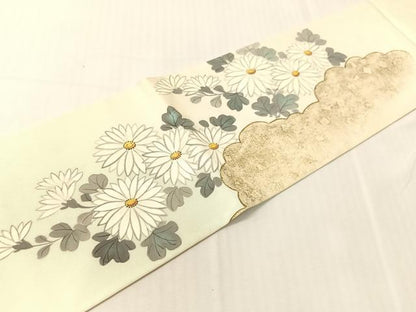平和屋着物●塩瀬　九寸名古屋帯　手描き　雲取り菊文　金彩　正絹　逸品　CABI4042vp