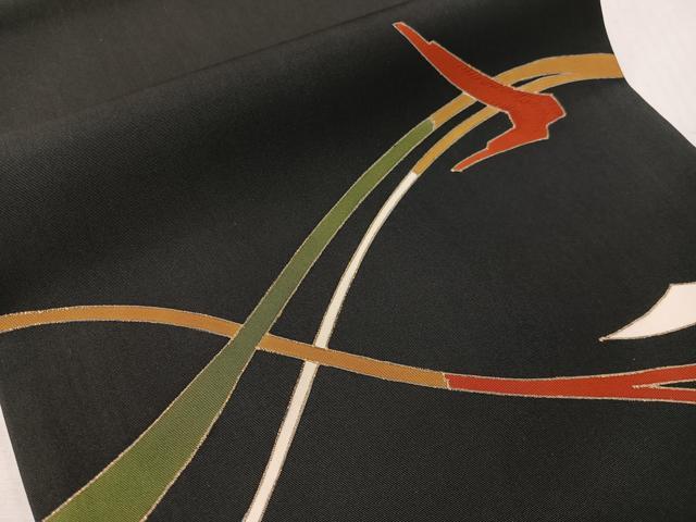 平和屋着物●塩瀬　九寸開き名古屋帯　刺繍　五泉　吉祥文　黒地　金彩　正絹　逸品　CABI4043vp
