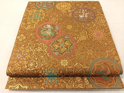平和屋着物●六通柄袋帯　人物花絵皿文　金糸　正絹　逸品　CABI4053vp