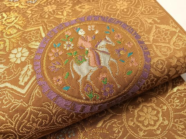 平和屋着物●六通柄袋帯　人物花絵皿文　金糸　正絹　逸品　CABI4053vp