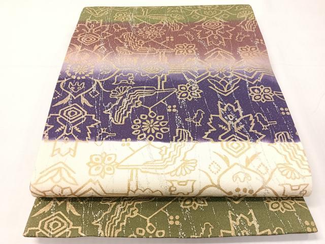 平和屋着物●全通柄袋帯　更紗鳥文　銀通し地　長尺　正絹　逸品　未使用　CABI4059vp