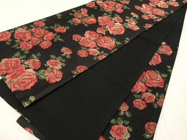 平和屋着物●六通柄袋帯　唐織　薔薇　黒地　金糸　正絹　逸品　未使用　CABI4062vp