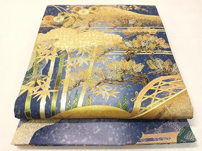 平和屋着物●両面　全通柄袋帯　道長松竹花文　銀通し地　正絹　逸品　CABI4063vp