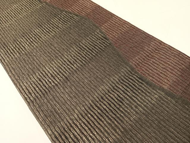 平和屋着物▽両面　全通柄袋帯　スリーシーズン　春夏秋　櫛織　備長炭染　よろけ縞　金糸　正絹　逸品　CABI4068vp