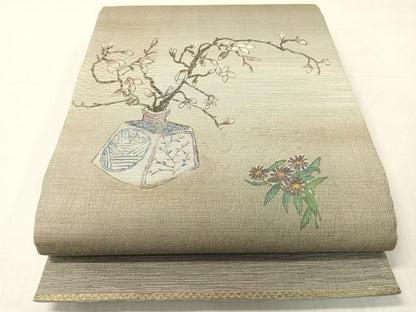 平和屋着物▽太鼓柄袋帯　スリーシーズン　春夏秋　櫛織　陶器花文　金糸　正絹　逸品　CABI4075vp