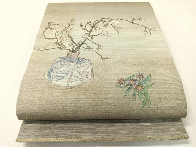 平和屋着物▽太鼓柄袋帯　スリーシーズン　春夏秋　櫛織　陶器花文　金糸　正絹　逸品　CABI4075vp