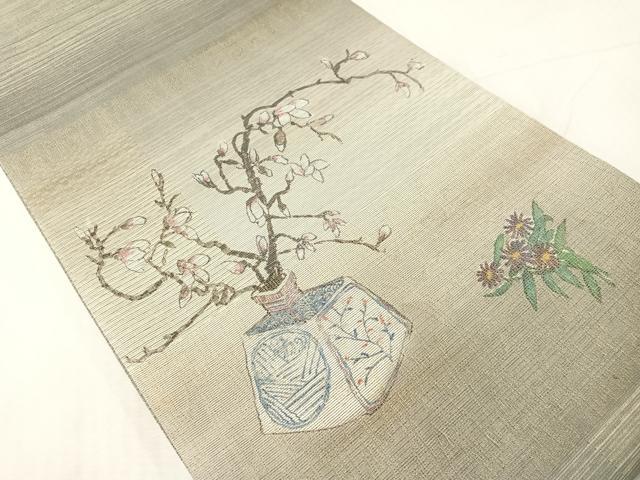 平和屋着物▽太鼓柄袋帯　スリーシーズン　春夏秋　櫛織　陶器花文　金糸　正絹　逸品　CABI4075vp