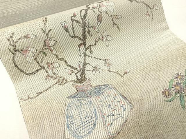 平和屋着物▽太鼓柄袋帯　スリーシーズン　春夏秋　櫛織　陶器花文　金糸　正絹　逸品　CABI4075vp