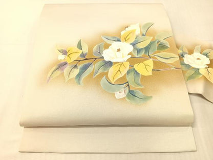 平和屋着物●塩瀬　九寸名古屋帯　作家物　手描き　枝椿　金彩　正絹　逸品　CABI4076vp