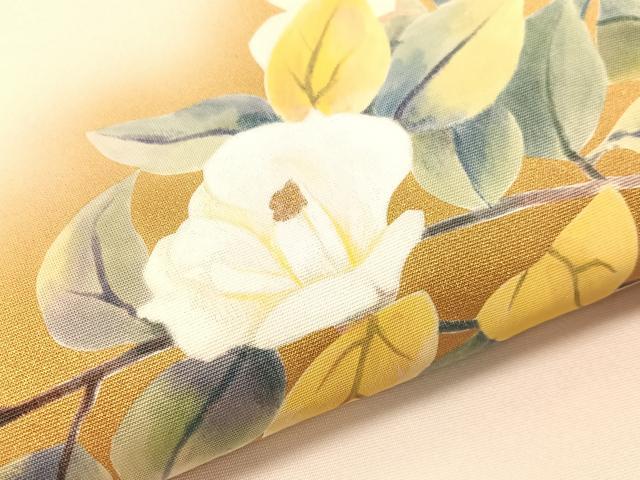 平和屋着物●塩瀬　九寸名古屋帯　作家物　手描き　枝椿　金彩　正絹　逸品　CABI4076vp