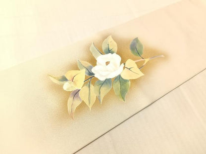 平和屋着物●塩瀬　九寸名古屋帯　作家物　手描き　枝椿　金彩　正絹　逸品　CABI4076vp