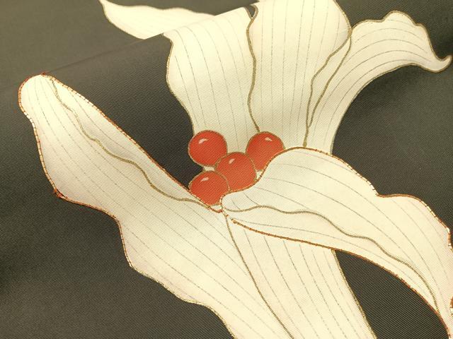 平和屋着物●塩瀬　九寸名古屋帯　駒刺繍　花　黒地　金彩　正絹　逸品　CABI4078vp