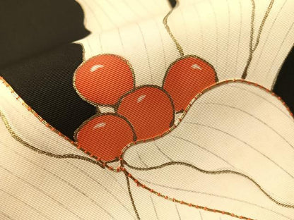平和屋着物●塩瀬　九寸名古屋帯　駒刺繍　花　黒地　金彩　正絹　逸品　CABI4078vp