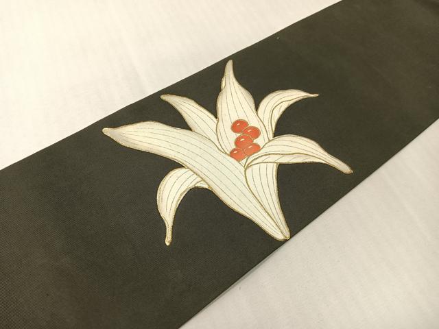 平和屋着物●塩瀬　九寸名古屋帯　駒刺繍　花　黒地　金彩　正絹　逸品　CABI4078vp