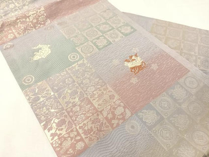 平和屋着物●九寸名古屋帯　唐織　市松花兎　金糸　正絹　逸品　CABI4082vp
