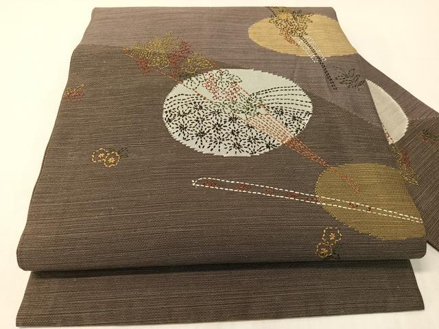 平和屋着物●総刺繍　刺し子　九寸名古屋帯　紬地　扇面花文　正絹　逸品　CABI4093vp