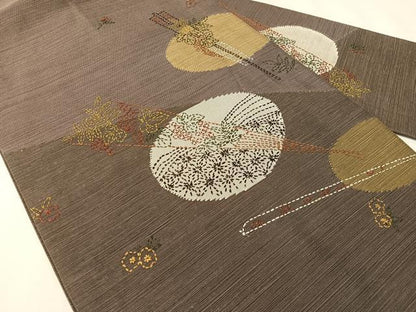 平和屋着物●総刺繍　刺し子　九寸名古屋帯　紬地　扇面花文　正絹　逸品　CABI4093vp
